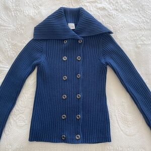 Beautiful Blue Ribbed Cotton Button Front Big Collar Sweater made in Spain T3